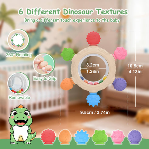 3 6 12 18 Yoolane Baby Teething Toys, Silicone Teether for Babies Months, Dinosaur Baby Teething Ring Rattle Teether