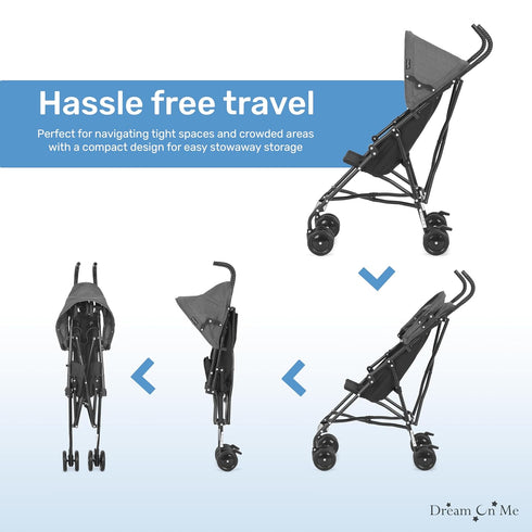 3-Point Dream On Me Aero Travel Umbrella Stroller, One-Hand Quick Fold, Safety Harness, Dual Brakes, Adjustable