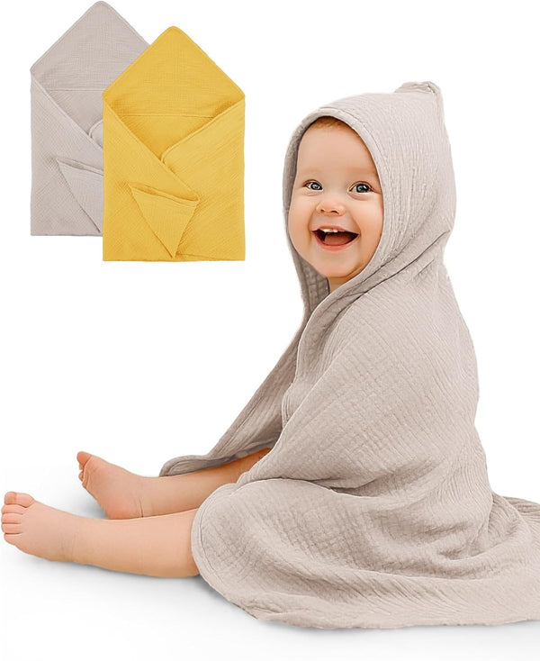 Hooded Baby Towels 2 Pack, Muslin Baby Bath Towels with Hood for