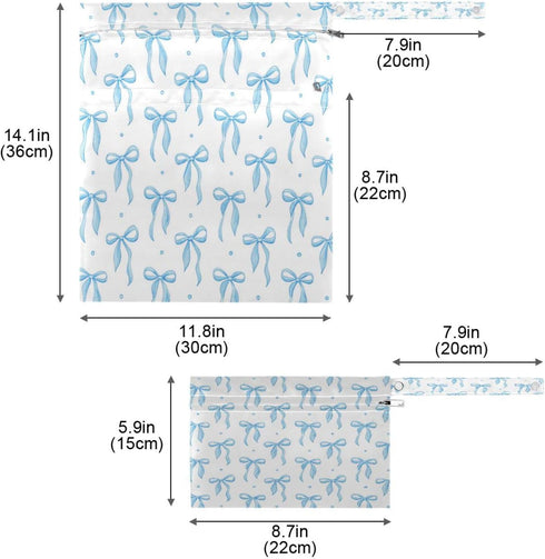 JUZIHAI 2 Pack, Blue Ribbon Bow Wet Dry Bags Waterproof Baby Cloth Diaper Organizer with Two Zippered for Travel Beach