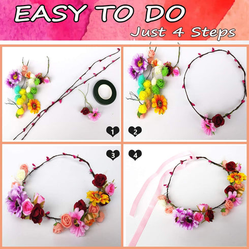 WUBOMJIO Flower Crowns Craft Kit, Make Your Own 12 PCs Floral Crowns for Kids and Teens