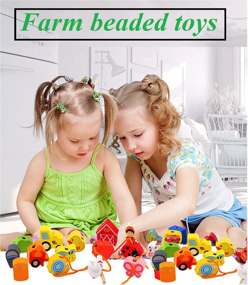 Lacing Farm Toy Wooden Block Set, Early Educational String & Lacing Beads Games for Toddlers Learning Play