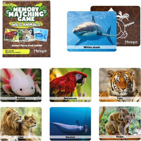 Menique Wild Animals Memory Matching Game, 80 Cards with Real Photos, Educational Booklet Included for Kids & Adults