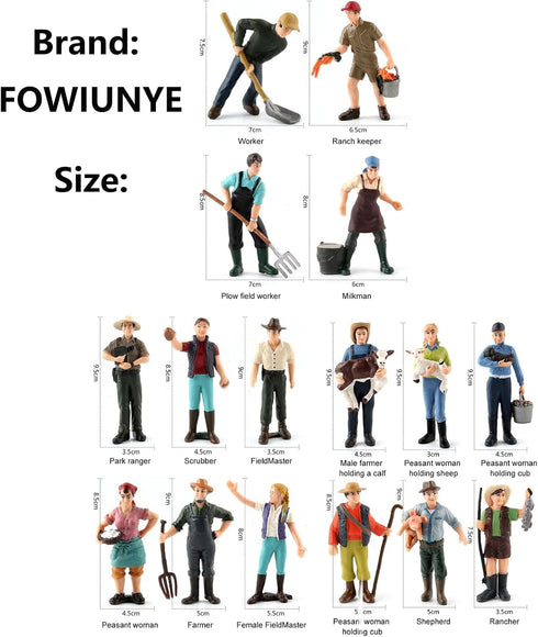 FOWIUNYE 16Pcs Little Farmer People Figures, Plastic Farm Keeper Figurines Realistic Hand Painted Farmer People