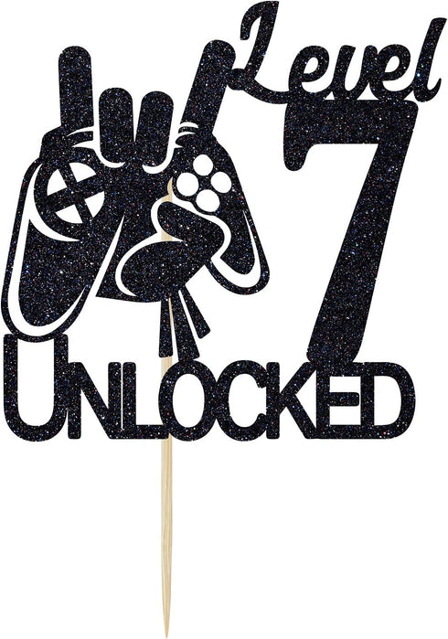 Video Game Level 7 Unlocked Birthday Cake Topper, Black Glitter, Boys 7th Birthday Cake Decorations