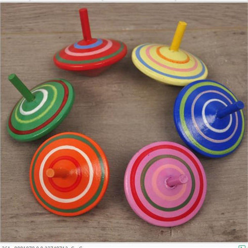 6 Pcs Set of Handmade Painted Wood Spinning Tops, Educational Toys for Kindergarten