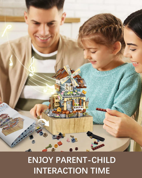 Music Box Building Blocks Set: Japanese Street View Windmill House Creative Model for Adults