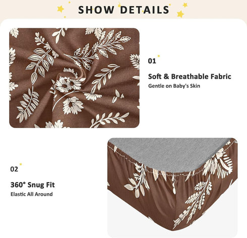 CZXW 52" 28" Boho Floral Brown Crib Sheets Fitted x Natural Cotton Soft & Breathable for Baby Crib Mattress