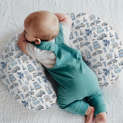 Watercolor Blue Racing Baby Nursing Pillow Covers for Boy Blue Racecar Balloon Stars Cake Nursing Pillowcase
