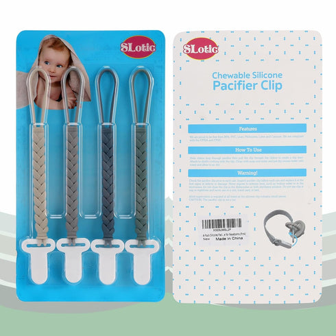 4-Pack Silicone Pacifier Clips with Woven Rope Shape, Flexible Holders for Baby Boys & Girls, Safe for Newborns (Grey)
