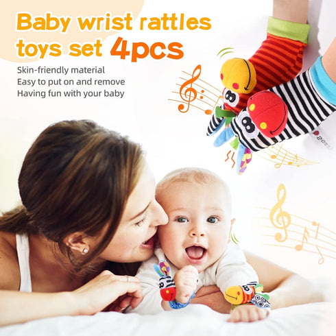 Baby Wrist Rattles Foot Finder Socks Set, Infant rattle Socks and baby hand rattles wrist, Newborn Soft Sensory Toys,Infant Wrist Rattles for Babies 0-6 Months,Baby Gifts 6-12 Months(classics)