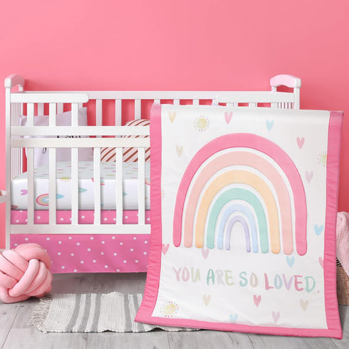 Hahafelt 3 Piece Rainbow Boho Crib Bedding Set for Girls Inspirational Quote Pink