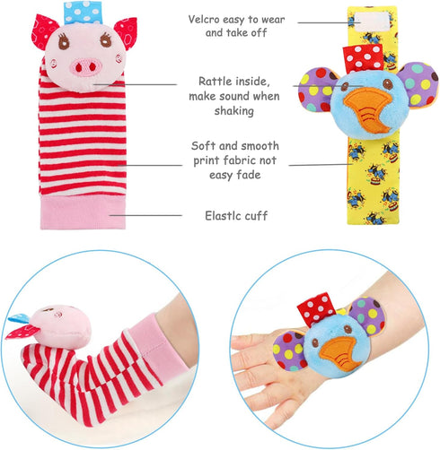 SSK Soft Baby Wrist Rattle Foot Finder Socks Set, Cotton Plush Infant Toys for Newborn Boy Girl 0-18 Months