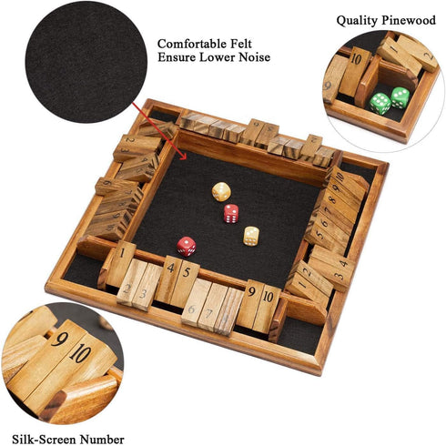 AMEROUS Shut The Box Dice Game - 1-4 Players, Wooden Board Math Game with 12 Dice, Family Classroom or Pub