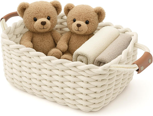 XXL Cotton Rope Storage Basket with Leather Handles, Woven Nursery Organizer for