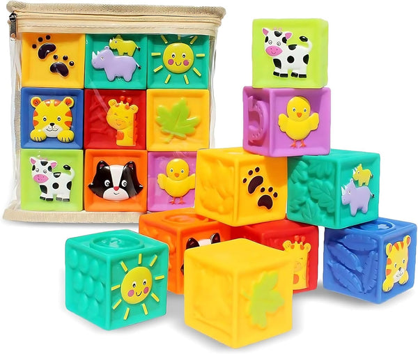 Kingtree Baby Blocks, 9PCS Soft Squeeze Building Blocks Stacking Toys for 6+ Months Babies, Educational Set
