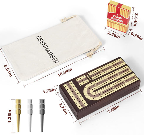 Set 3-Track 9 ESENHARBER Foldable Wooden Cribbage Board - Elegant Design with Magnetic Closure, Metal Pegs, Full Deck