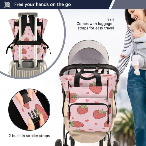 YANENDIE Backpack, Backpack Backpack Cute Pink Strawberry Diaper Bag Unisex Travel Baby Diaper Bags with Stroller