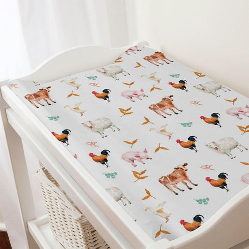 Watercolor Farm Animals Changing Pad Cover, Cow Lamb Chicken Pig Hen Duck Sunflowers Leaves for Boys Girls Diaper Change