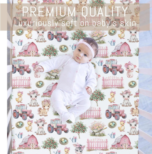 Selgkds 52''x28'' Pink Farm Animals Baby Crib Sheets for Girls Barn Pig Duck Cow Horse Bows Tractors Soft Snug Fitted