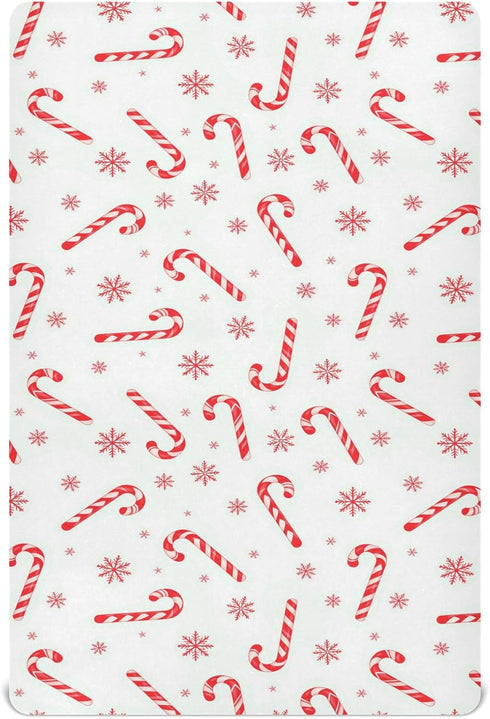 Sheet,52x28IN Pfrewn Christmas Crib Sheets for Boys Girls Red Candy Cane Snowflakes Fitted Crib Sheet Fits Standard