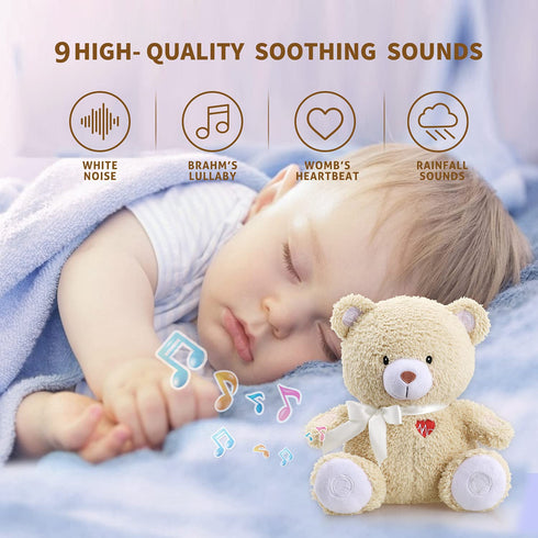 9 BEREST Sleeping Bear Baby Sleep Soother- Mom's Heartbeat White Noise Machine Infant Stuffed Animal Bear Toy Sleeping