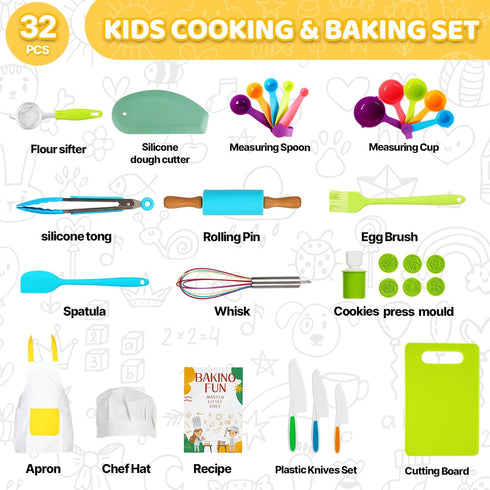 VONTIQUE 32 Setsfor 3+ pcs Kids Cooking&Kids Baking Real Cooking BakingMontessori Kitchen Tools for Toddlerswith Chef's