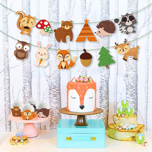 CC HOME Woodland Creatures Banner - Forest Animal Friends Bunting for Kids, Baby Shower, Birthday Party Decoration