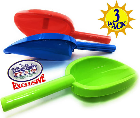 14" Set 3 Pack Matty's Toy Stop Kids Long Handle Sand Scoop Plastic Shovels for Sand & Beach (Red, Blue & Green)