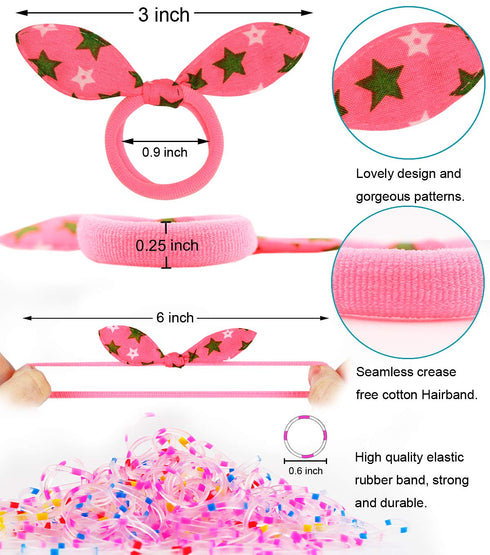 50pcs Children Hair Ties + 200pcs Rubber Bands, Cute Toddler Rabbit Ear Hair Ties, Seamless No Crease Ponytail Holders