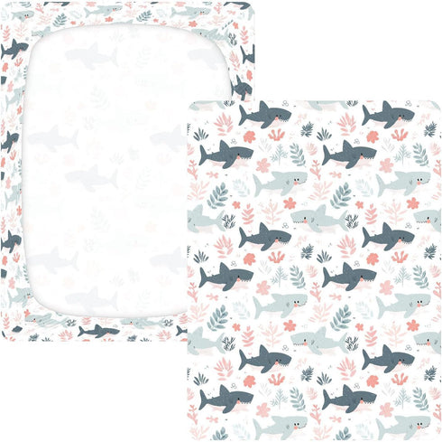 miaozhen 1 Pack 52x28 Cotton Baby Crib Sheets Comfy Breathable Cute Cartoon Tropical Shark White Toddler Mattresses