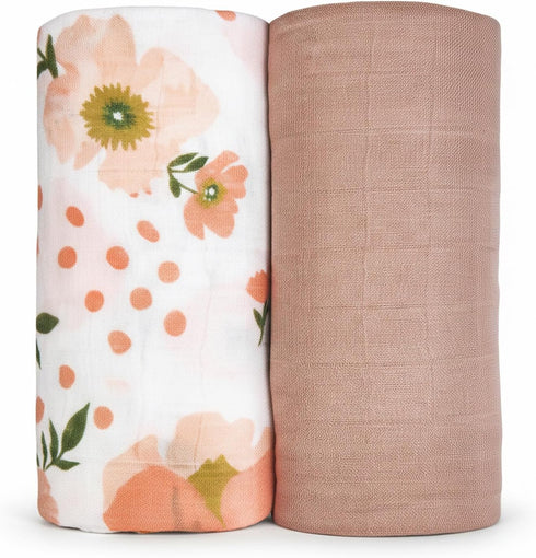 NOOVIA 2-Pack Baby Muslin Swaddle Blankets, Newborn Receiving Blanket, Bamboo Cotton, Large 43x47