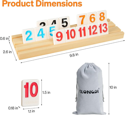 Rummy 6 160 Rummy 6 ELONGDI Cube Player Large Numbers Edition, Tiles with Wooden Racks, Portable Case & Storage Bag