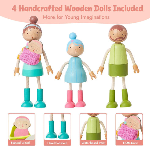 36pcs Set 5 3+ Giant bean Wooden Dollhouse Furniture with Dolls for Rooms, Wood & Plastic Pink Dollhouse Accessories