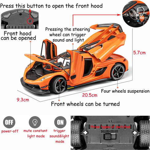 Toy Cars Model Koenigsegg Jesko, 1/24 Orange Alloy Die-cast Vehicle with Sound and Light