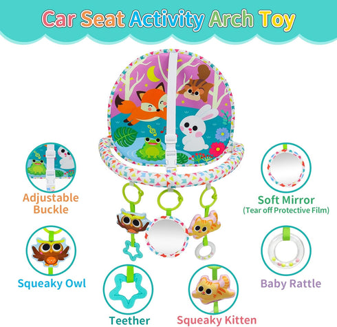 OKOOKO Rear Facing Car Seat Toy - Double-Sided Baby Travel Toy with Mirror, Plush Rattle Teether for Newborn Infant