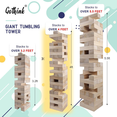 GOTHINK Giant Tumble Tower Game, Large 54pcs Wooden Blocks for Outside Yard Games, Timber Stacking Game Night Toy Gift