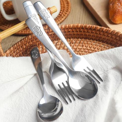 12PCS Safe Forks and Spoons for Kids, Toddler Silverware, Stainless Steel Tableware with Bunny and Puppy Motifs