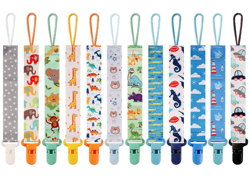 12 Pack Pacifier Clips with Strap 25.5cm - Premium Polyester Baby Pacifier