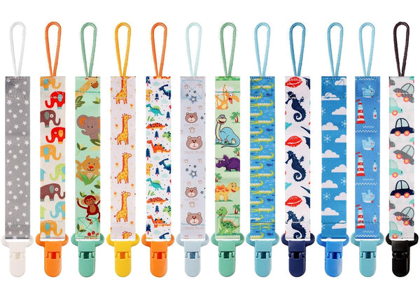 12 Pack Pacifier Clips with Strap 25.5cm - Premium Polyester Baby Pacifier