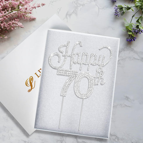 LINGTEER Happy 70th Birthday Silver Rhinestone Cake Topper - Cheers to Seventy Years Old Anniversary Party Cake