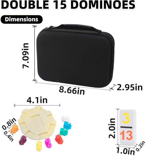 15 Set, 136 Doreimi Mexican Train Dominoes Double Colored Number Tiles with Lightweight EVA Case, Family and Adult