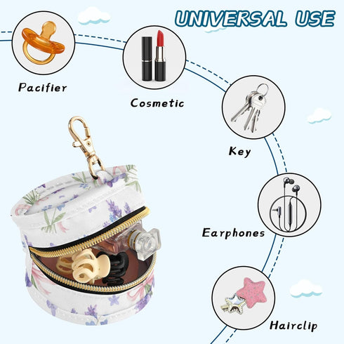 PYBUG Lavender Round Pacifier Storage Case, Polyester & TPU Lined with Hook Buckle, Pacifier Container Box for Baby