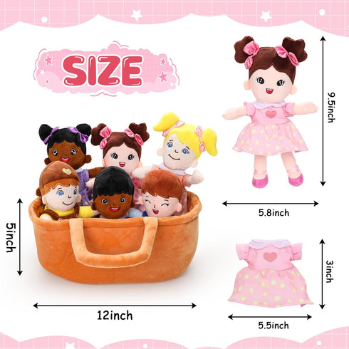 Basket of 8" Plush Diversity Baby Dolls - 6 Piece Set with Interchangeable Clothes for All Ages