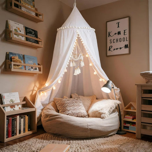 LOAOL Bed Canopy with Pom Pom Cotton Canopy for Kids Crib Baby