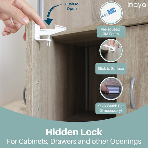 Pack Inaya Complete Baby Proofing Kit - Child Safety Hidden Locks for Cabinets & Drawers, Adjustable Safety Latches