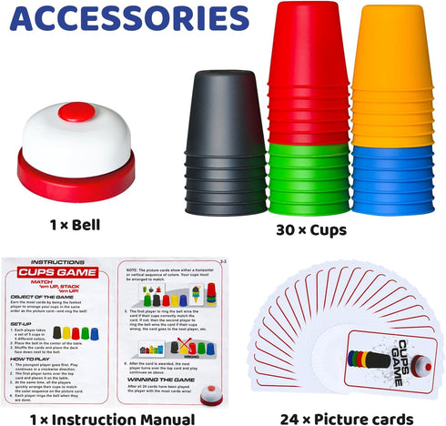 Quick Stacking Cups Games for Kids - Classic Matching Cup Game with 24 Cards & 30 Cups, Family Games for Party