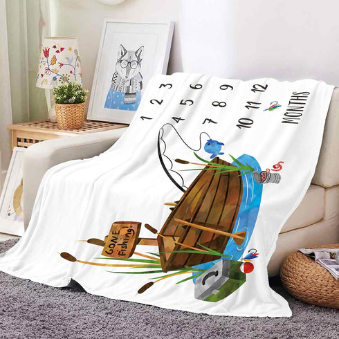 Fishing Baby Milestone Blanket with Birth Stat Sign, Monthly Growth Chart for New Moms Baby Shower