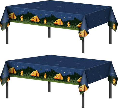 Breling 2 Pieces Camping Party Decorations, Plastic Rectangular Campfire Table Cover for Birthday Party Supplies