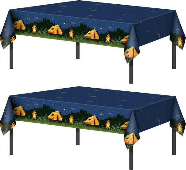 Breling 2 Pieces Camping Party Decorations, Plastic Rectangular Campfire Table Cover for Birthday Party Supplies
